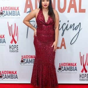 Red Backless Sequin Gown with Halter Neckline